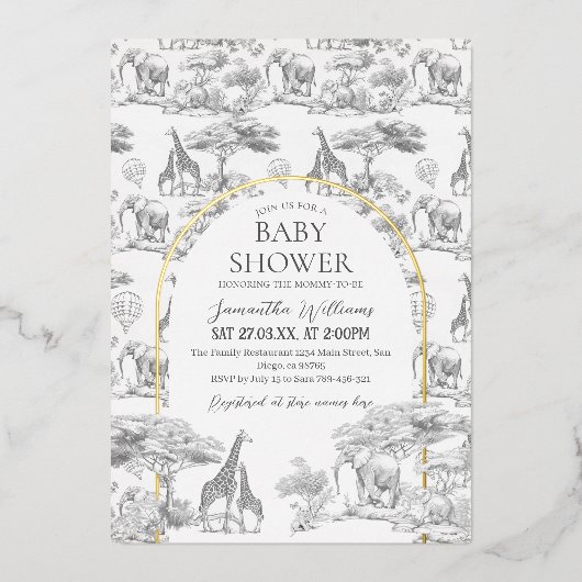 Neutral Safari Animal Elegant Toile Baby shower Folie Uitnodiging (Voorkant)