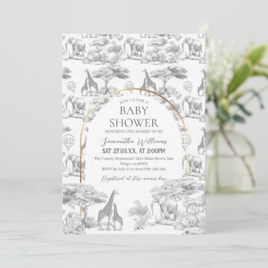 Neutral Safari Animal Elegant Toile Baby shower Kaart (Staand voorkant)
