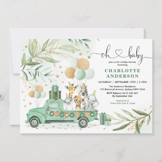 Neutral Safari Animals Greenery Gold Baby shower Kaart (Voorkant)