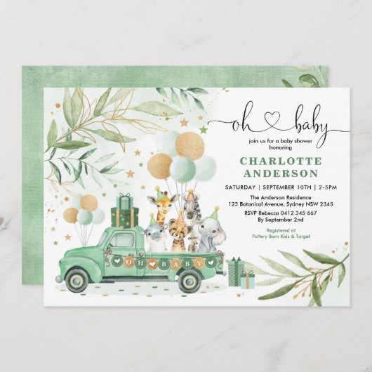 Neutral Safari Animals Greenery Gold Baby shower Kaart (Voorkant / Achterkant)
