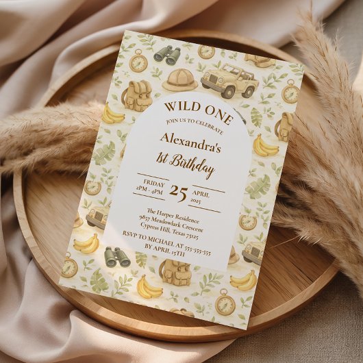 Neutral Safari Animals Wild One First Birthday Kaart