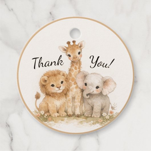 Neutral Safari Cute Animals Lion Giraffe Elephant Bedankjes Labels (Voorkant)