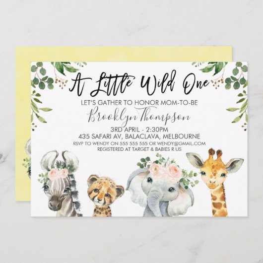 Neutral Safari Dieren Baby shower Uitnodiging (Voorkant / Achterkant)