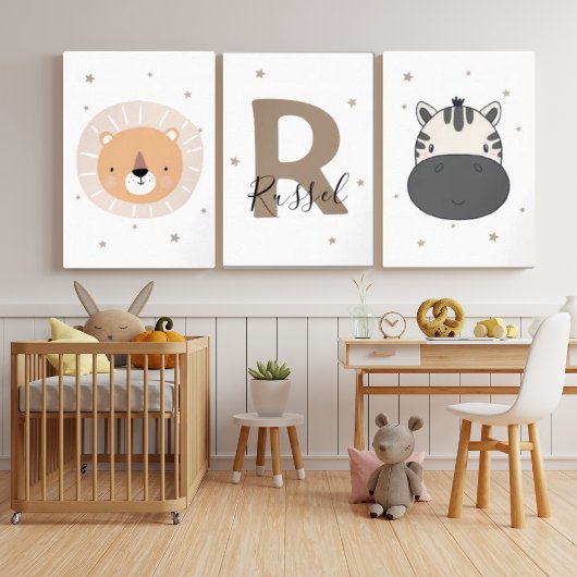 Neutral Safari Nursery Wall Art Set Lion Zebra