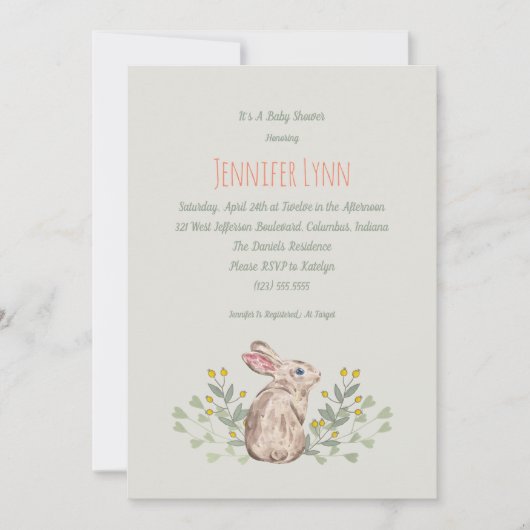 Neutral Spring Woodland Bunny Baby shower Invite Kaart (Voorkant)
