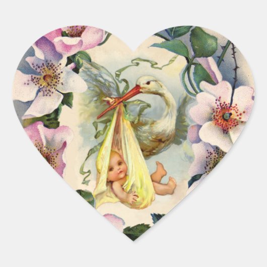 NEUTRAL STORK BABY SHOWER PINK WILD ROZEN KROGEN HART STICKER (Voorkant)