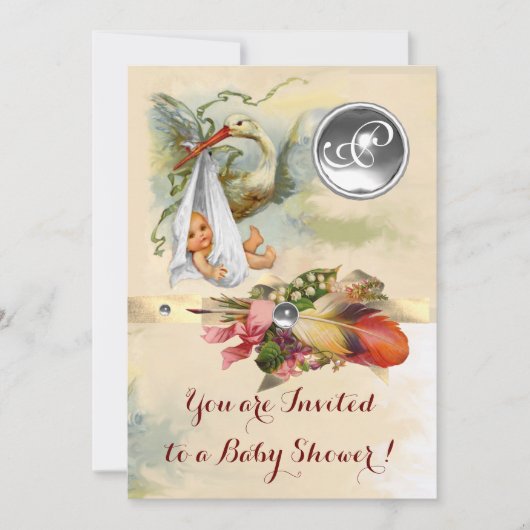 NEUTRAL STORK BABY SHOWER WHITE GEMSTONE MONOGRAM KAART (Voorkant)