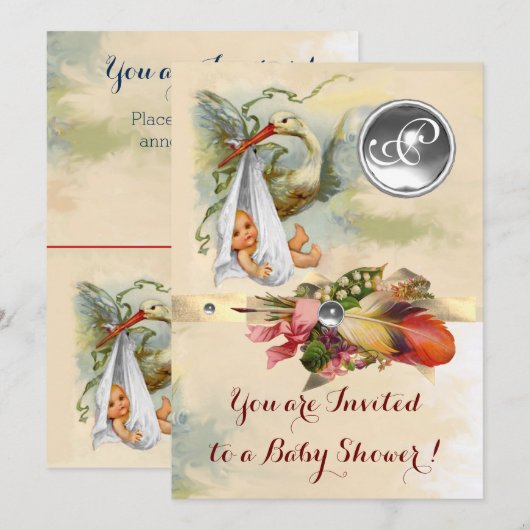 NEUTRAL STORK BABY SHOWER WHITE GEMSTONE MONOGRAM KAART (Voorkant / Achterkant)