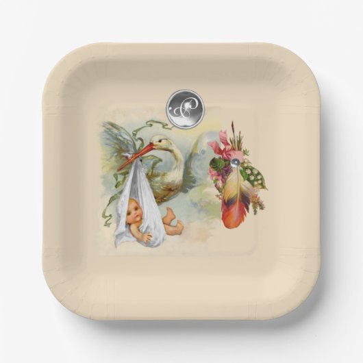 NEUTRAL STORK BABY SHOWER WHITE GEMSTONE MONOGRAM PAPIEREN BORDJE (Voorkant)