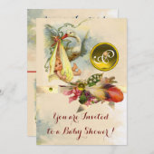 NEUTRAL STORK BABY SHOWER YELLOW GEMSTONE MONOGRAM KAART (Voorkant / Achterkant)