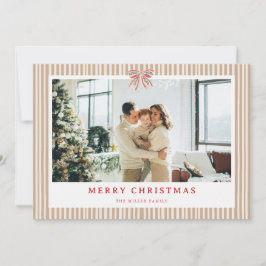 Neutral Stripe Bow Christmas Photo Holiday Card Feestdagenkaart