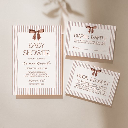 Neutral Striped Bow Baby Shower Kaart