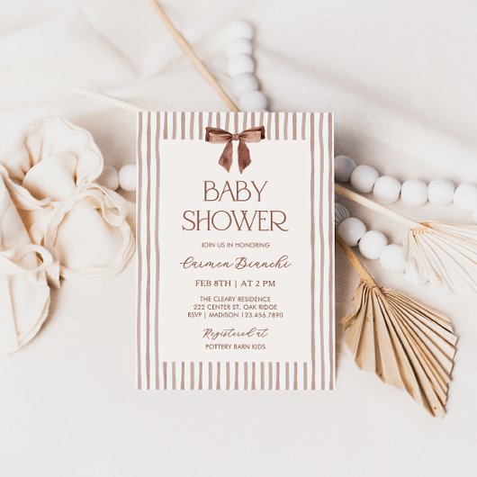 Neutral Striped Bow Baby Shower Kaart