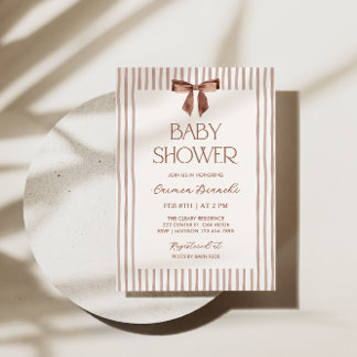 Neutral Striped Bow Baby Shower Kaart