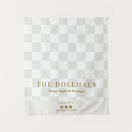 Neutral Tan Checkered Business Name Table Runner Wandkleed (Voorkant)