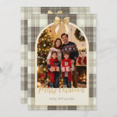 Neutral Tartan Bow Christmas Two Photo Feestdagenkaart (Voorkant / Achterkant)