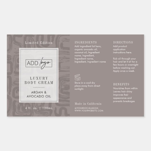 Neutral Taupe Beige Boho Logo 4OZ Cosmetic Bottle Rechthoekige Sticker (Voorkant)