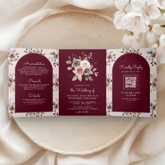 Neutral Taupe Floral QR Code Burgundy Wedding Drieluik Uitnodiging
