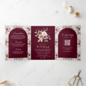 Neutral Taupe Floral QR Code Burgundy Wedding Drieluik Uitnodiging (Binnen)