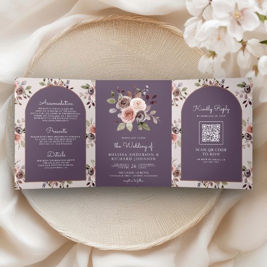 Neutral Taupe Floral QR Code Dusty Purple Wedding Drieluik Uitnodiging