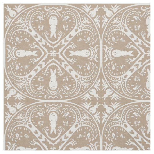 Neutral Taupe White Bunny Rabbit Medallion Design Stof (Swatch)