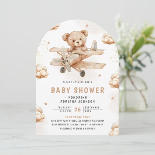 Neutral Teddy Bear Airplane Arch Baby shower Kaart (Staand voorkant)