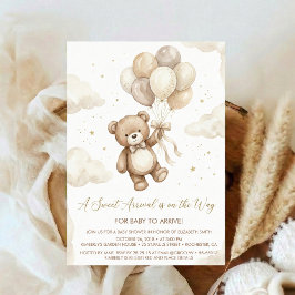 Neutral Teddy Bear Baby Shower bow Green Balloons Kaart