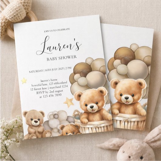 Neutral Teddy Bear Baby Shower Invitation Kaart