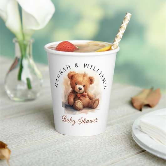 Neutral Teddy Bear Baby Shower Papieren Bekers (Insitu)