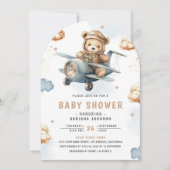 Neutral Teddy Bear Blue Airplane Arch Baby shower Kaart (Voorkant)