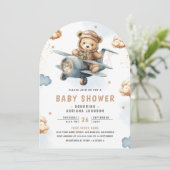 Neutral Teddy Bear Blue Airplane Arch Baby shower Kaart (Staand voorkant)