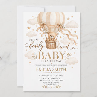 Neutral Teddy Bear Hot Air Balloon Baby shower Kaart