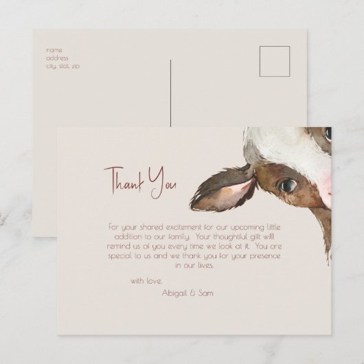 Neutral Tones Koe Baby shower Dank u Briefkaart (Voorkant / Achterkant)