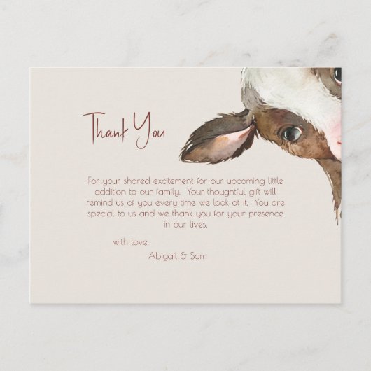 Neutral Tones Koe Baby shower Dank u Briefkaart (Voorkant)