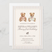 Neutral Twin Beary First Birthday Teddy Bear Kaart (Voorkant / Achterkant)