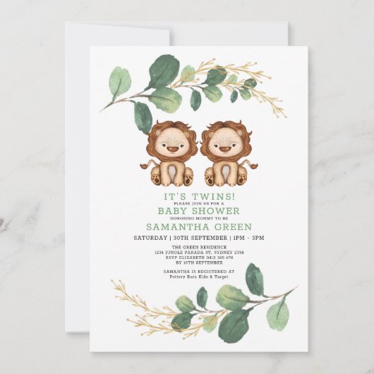 Neutral Twin Lion Greenery Gold Oerwoud Baby showe Kaart (Voorkant)