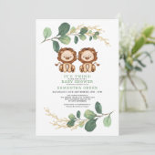 Neutral Twin Lion Greenery Gold Oerwoud Baby showe Kaart (Staand voorkant)