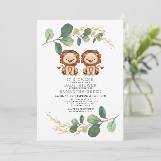 Neutral Twin Lion Greenery Gold Oerwoud Baby showe Kaart (Staand voorkant)