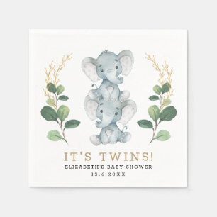 Neutral Twins Elephant Greenery Gold Baby shower Servet