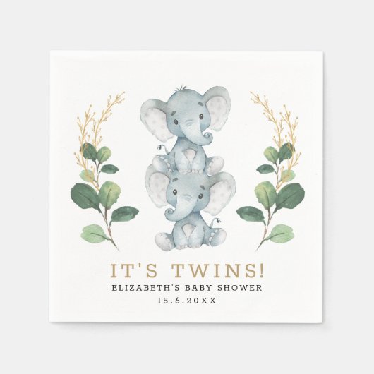 Neutral Twins Elephant Greenery Gold Baby shower Servet (Voorkant)