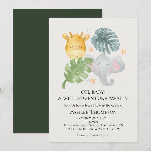 Neutral Watercolor Jungle Animals Baby Shower Kaart (Voorkant / Achterkant)