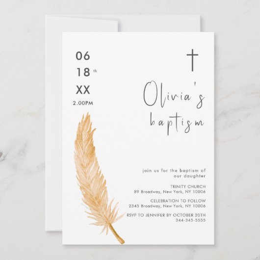 Neutral Waterverf Feather Cross Baptism Kaart (Voorkant)