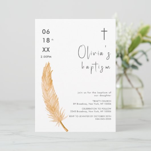 Neutral Waterverf Feather Cross Baptism Kaart (Staand voorkant)