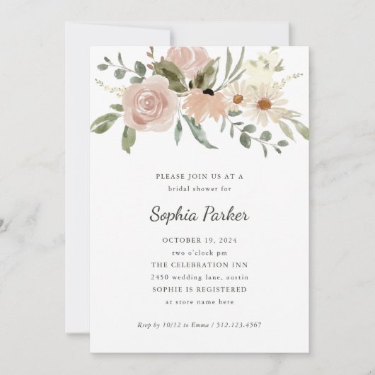 Neutral Waterverf Flowers Script | VRIJGEZELLENFEE Kaart (Voorkant)