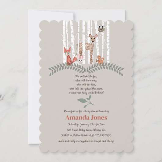 Neutral Whimsical Woodland Creatures Baby shower Kaart (Voorkant)
