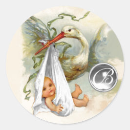 NEUTRAL WHITE STORK BABY SHOWER GEMSTONE MONOGRAM RONDE STICKER