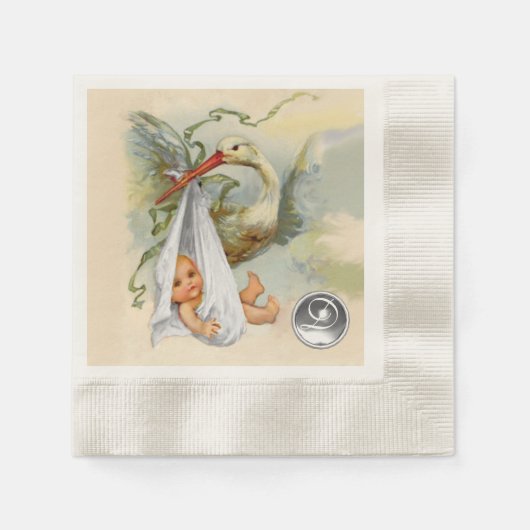 NEUTRAL WHITE STORK BABY SHOWER GEMSTONE MONOGRAM SERVET (Voorkant)