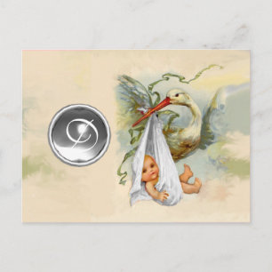 NEUTRAL WHITE STORK BABY SHOWER GEMSTONE MONOGRAM UITNODIGING BRIEFKAART