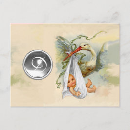 NEUTRAL WHITE STORK BABY SHOWER GEMSTONE MONOGRAM UITNODIGING BRIEFKAART