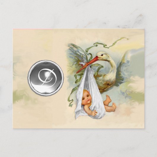 NEUTRAL WHITE STORK BABY SHOWER GEMSTONE MONOGRAM UITNODIGING BRIEFKAART (Voorkant)